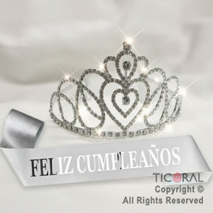 SET VINCHA Y BANDA FELIZ CUMPLEA�OS STRASS CORAZON PLATA (10548S) X 1